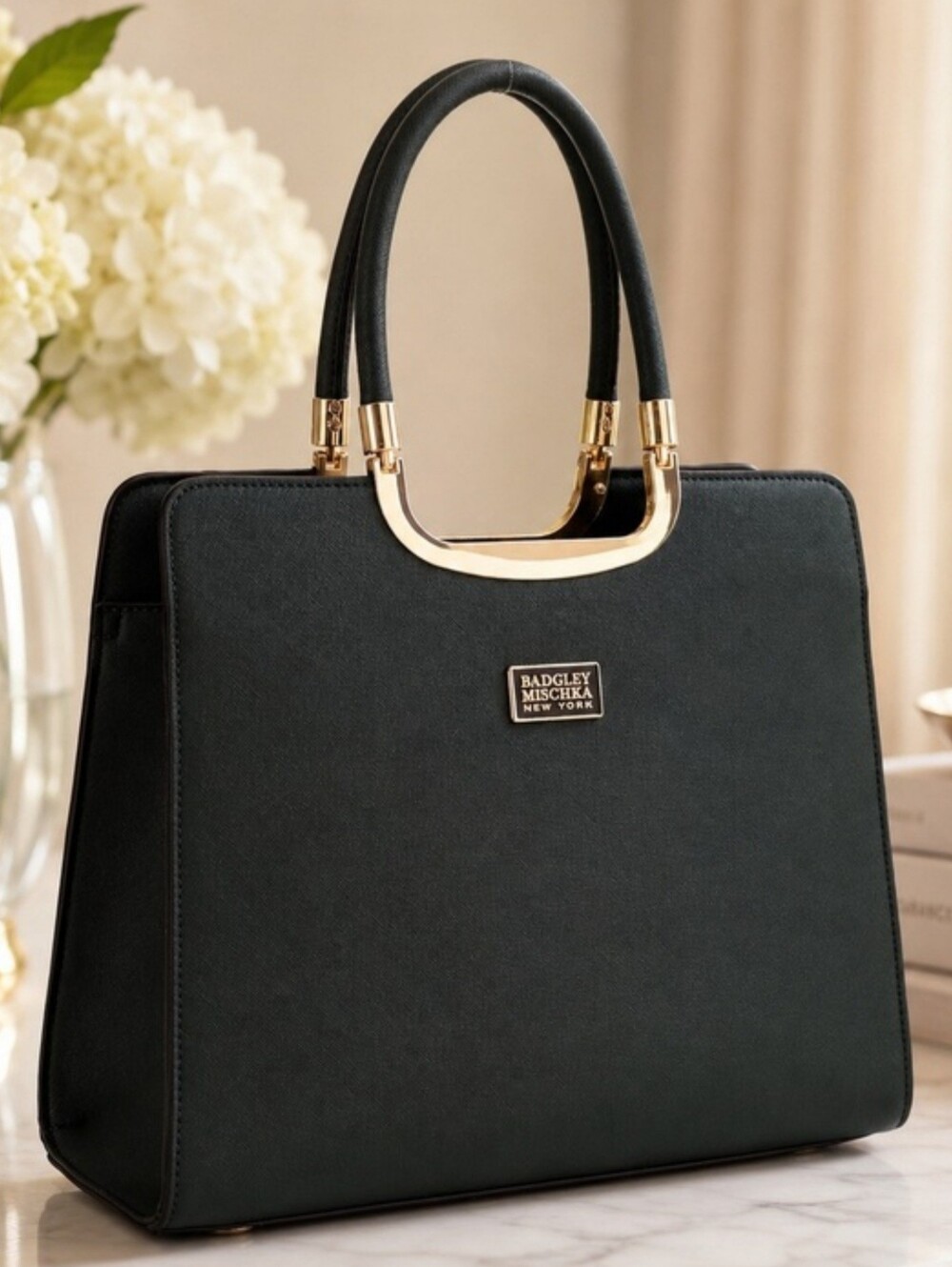 NEW Badgley Mischka Louise Saffiano Large Structured Double Handle Satchel Purse